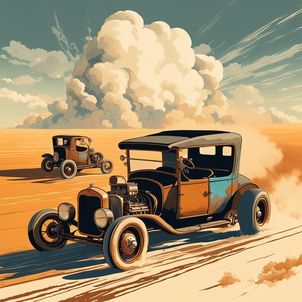 Rat-Rods Racing on Salt Flats, Pop Art Style
