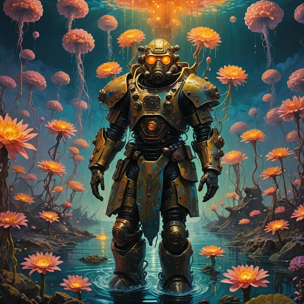 Researcher in Radioactive Waters: A Surreal Oil Painting