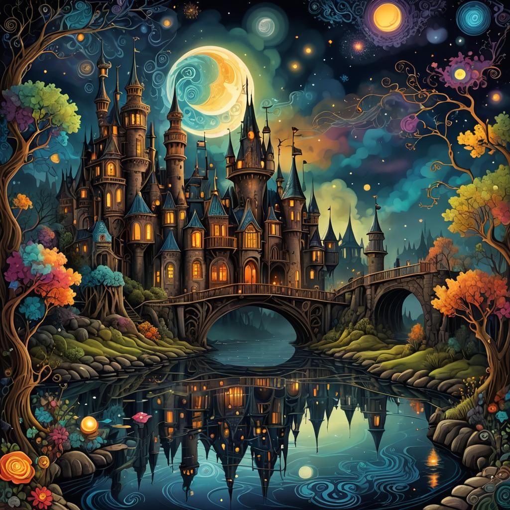 Steampunk Castle Floating on Stream, Moody Night Scene