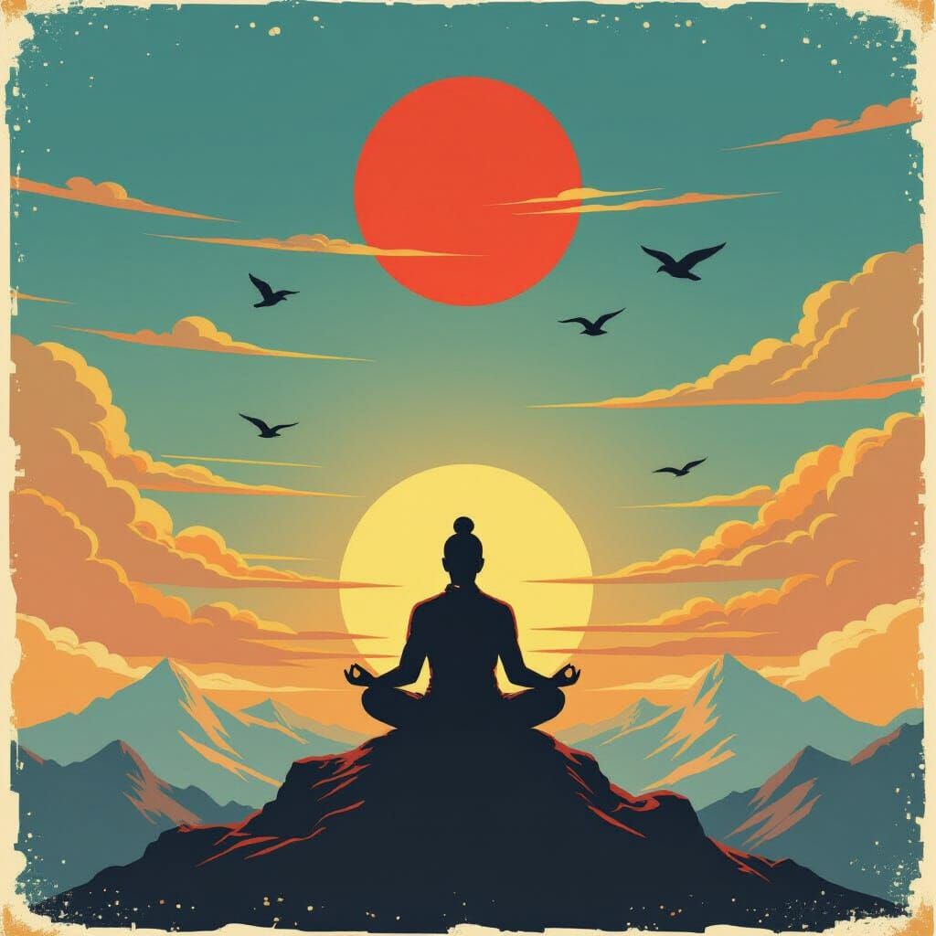 Meditating Figure on Mountaintop at Sunset