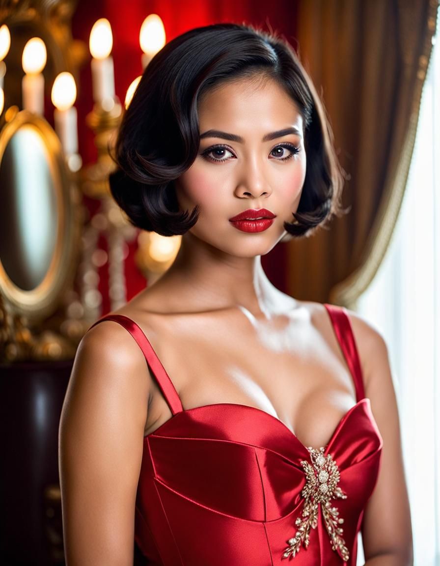 Stunning Indonesian Woman in Red Silk Dress