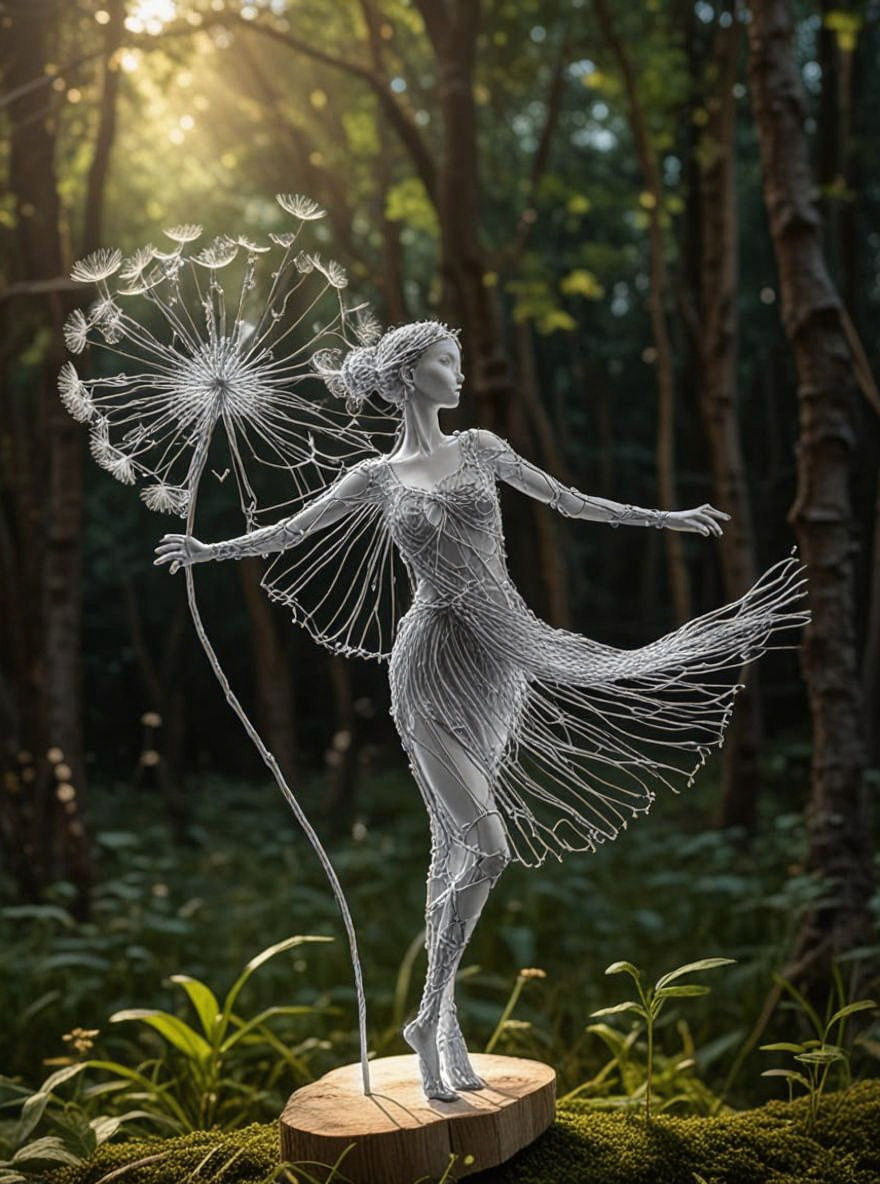 Golden Thread Fairy Sculpture in Verdant Forest