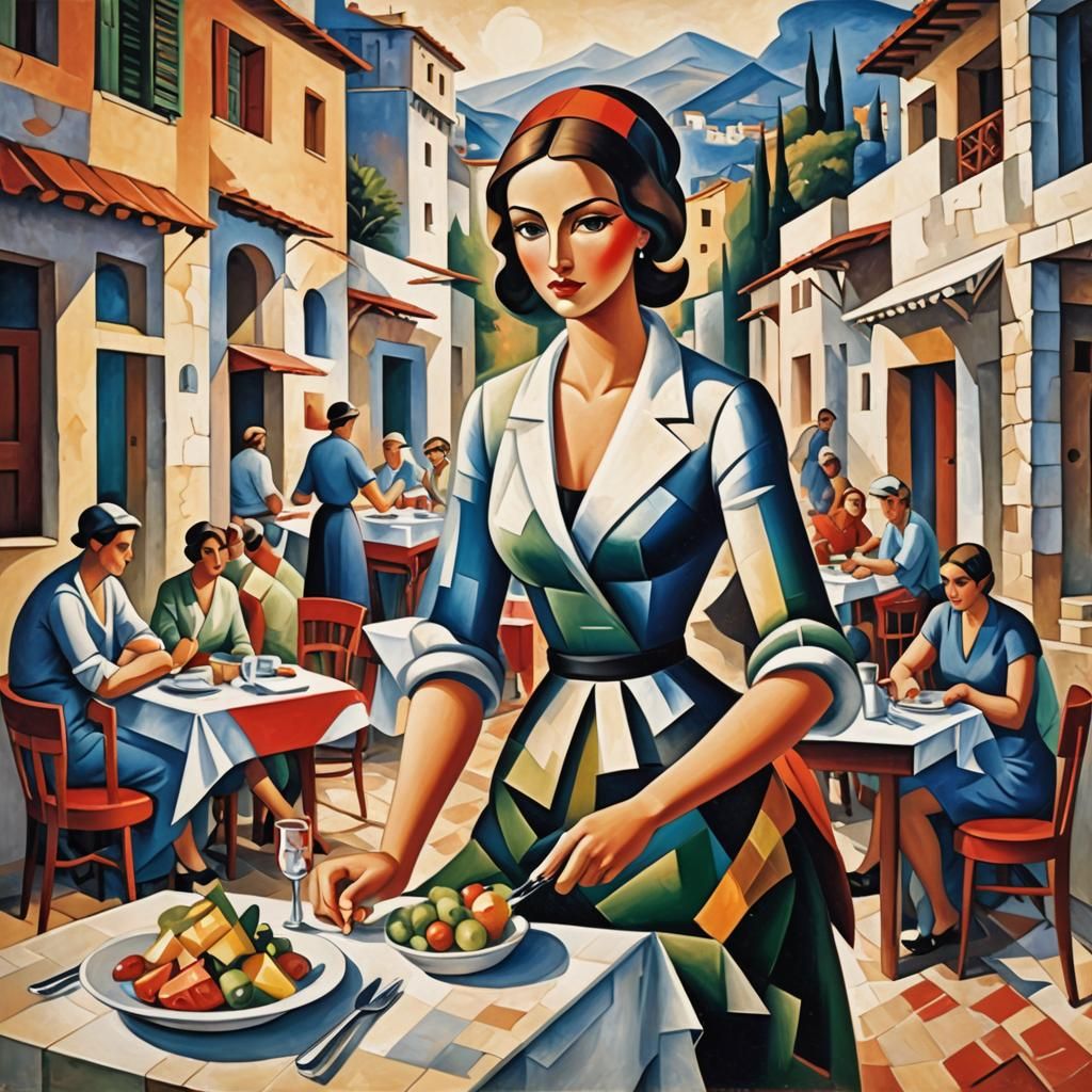 Waitress in Greek Restaurant: Abstract Cubism Style