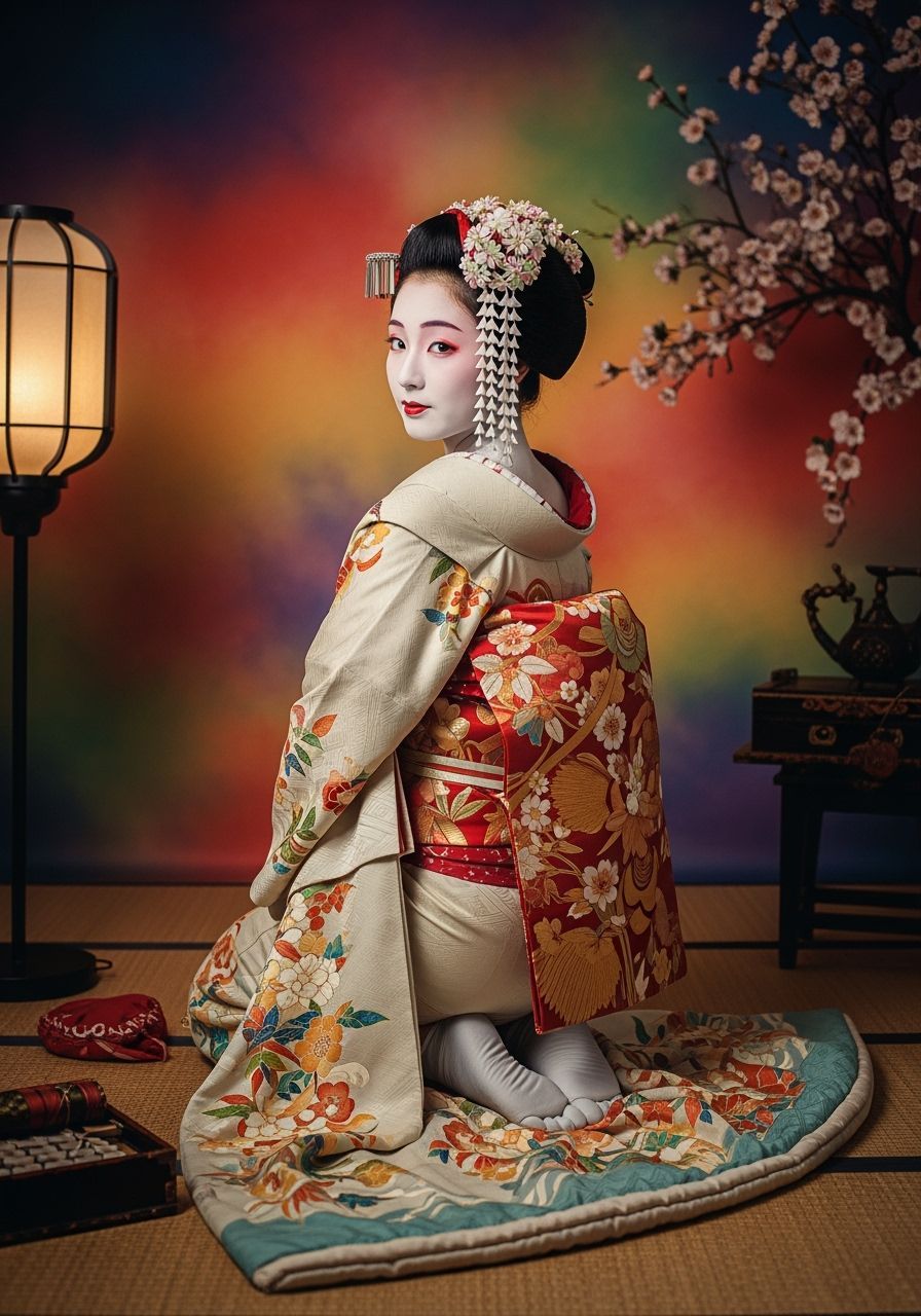 Geisha in Kimono, Hyperrealistic Portrait with Cinematic Lig...
