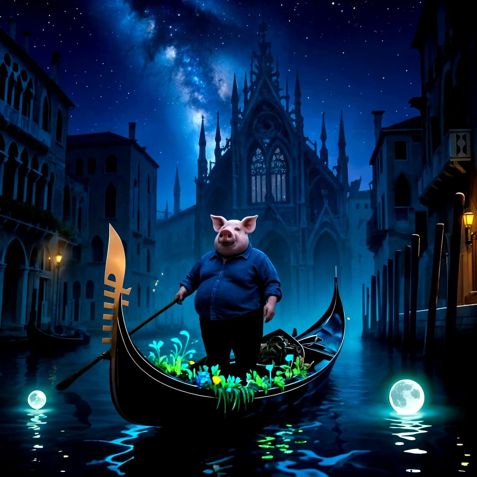 Gondolier with Pig Head in Moonlit Venice