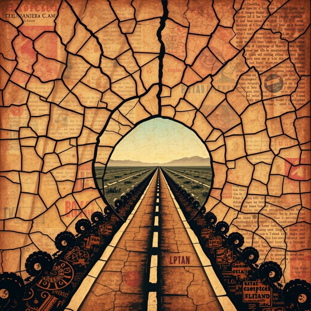 Typography Highway Map in Mixed Media Palimpsest