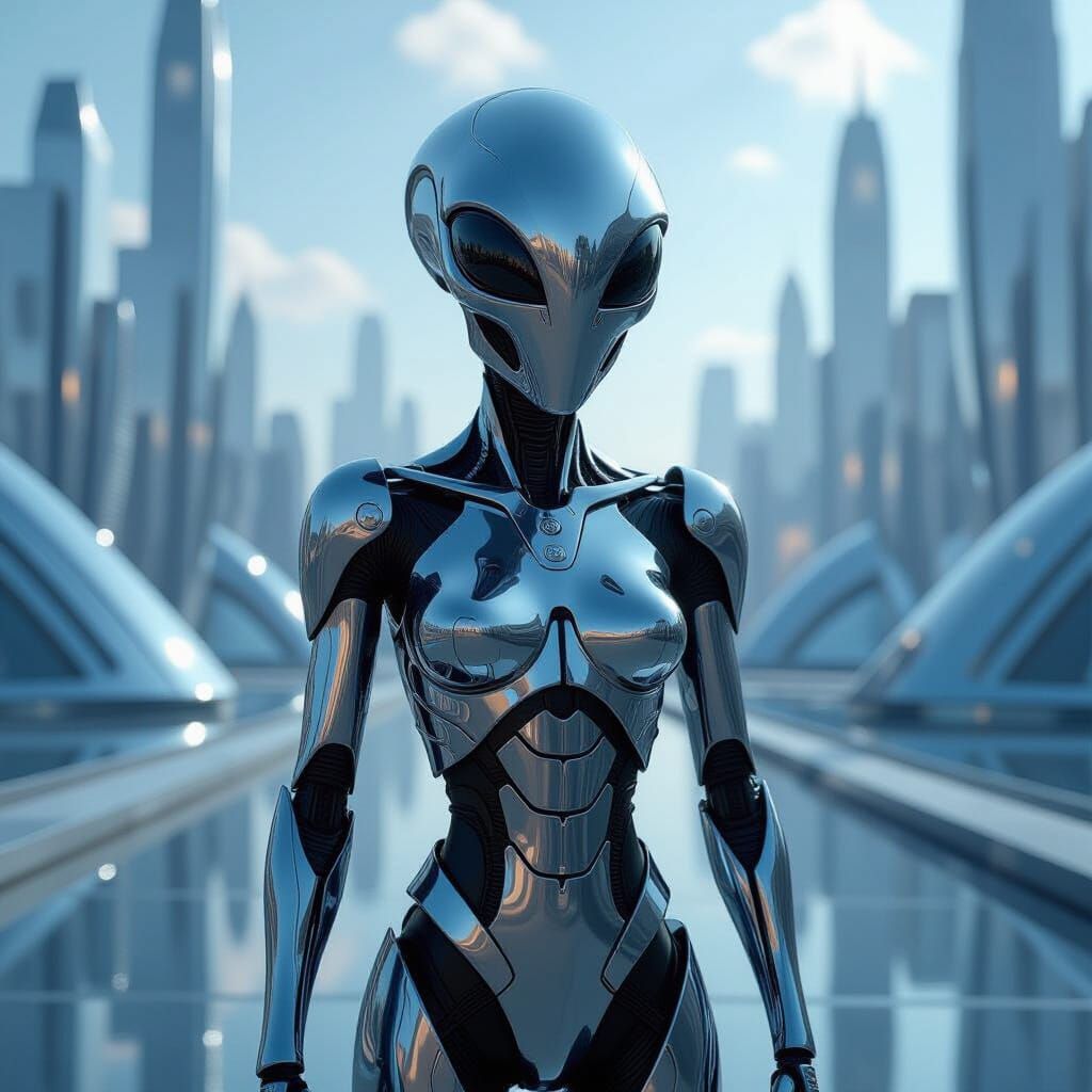 Chrome Alien in Futuristic Metal Landscape