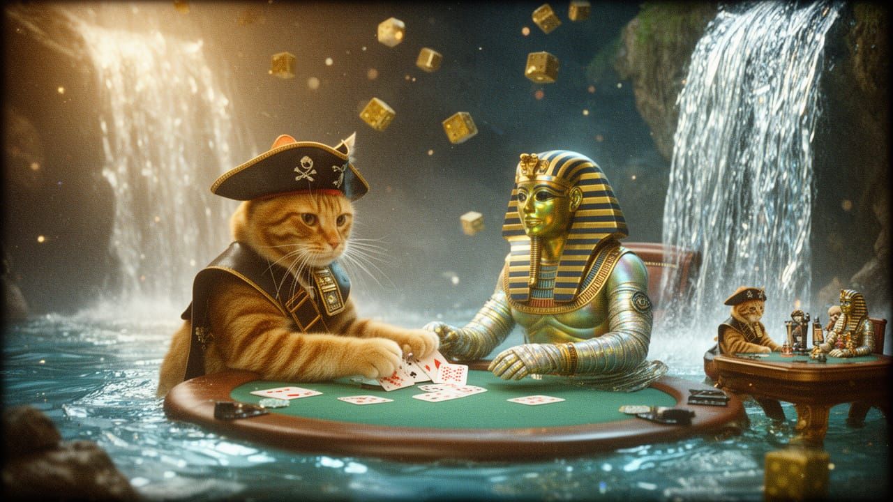 Pirate Cat and Mummy Play Cards in Water
