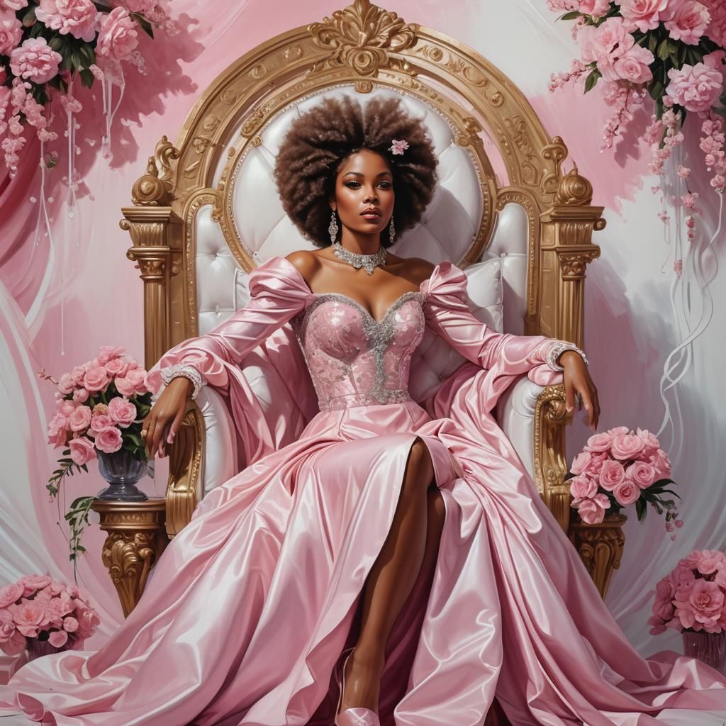 Regal Woman on Throne in Glossy Oil Painting