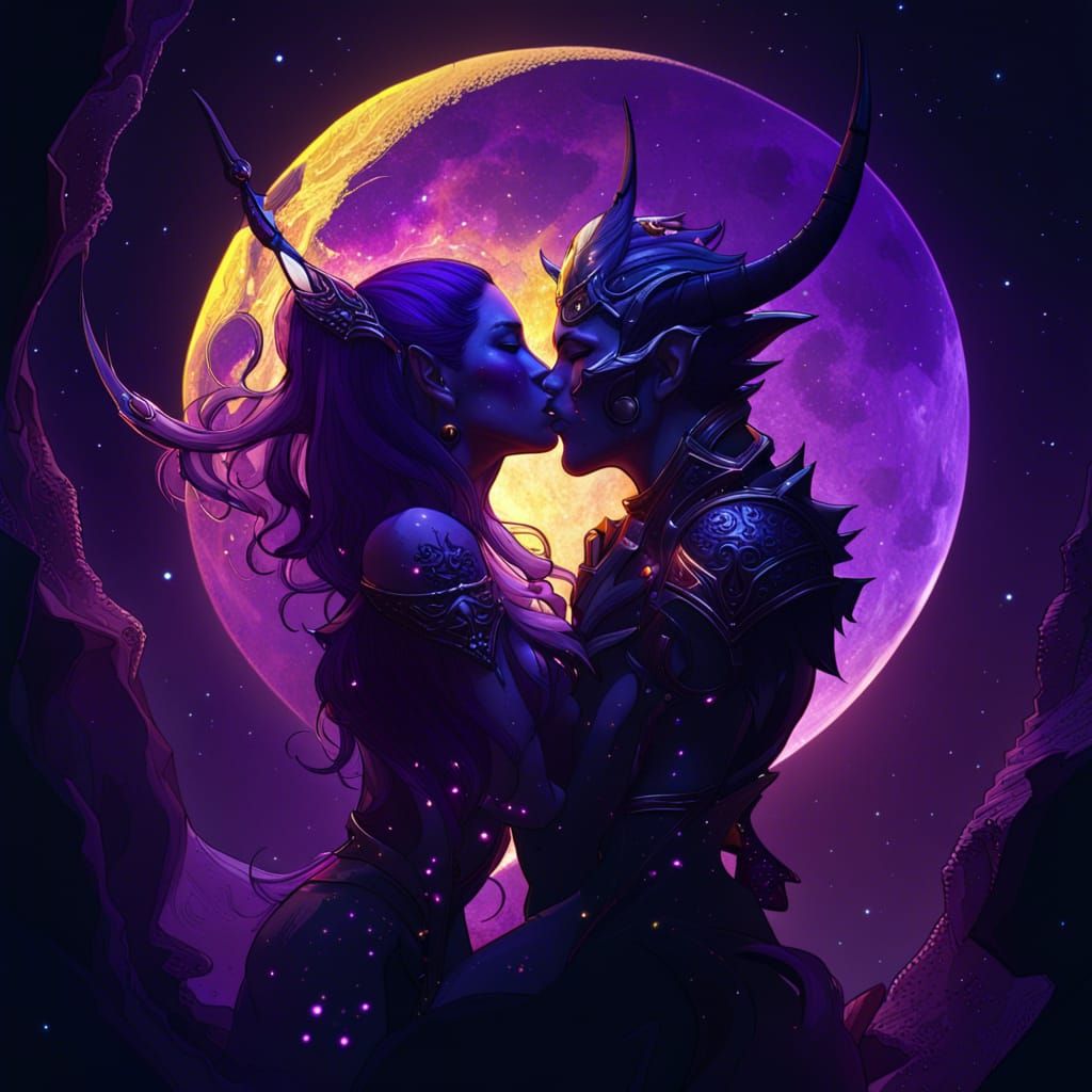 demon, elf, kiss under the full moon, stars, galaxy