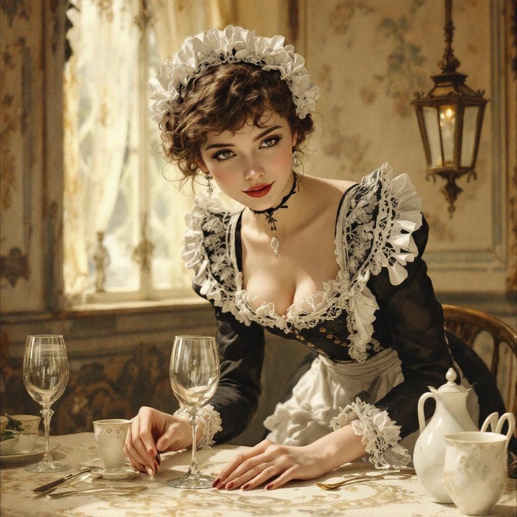 Elegant French Maid in Victorian Lace Uniform
