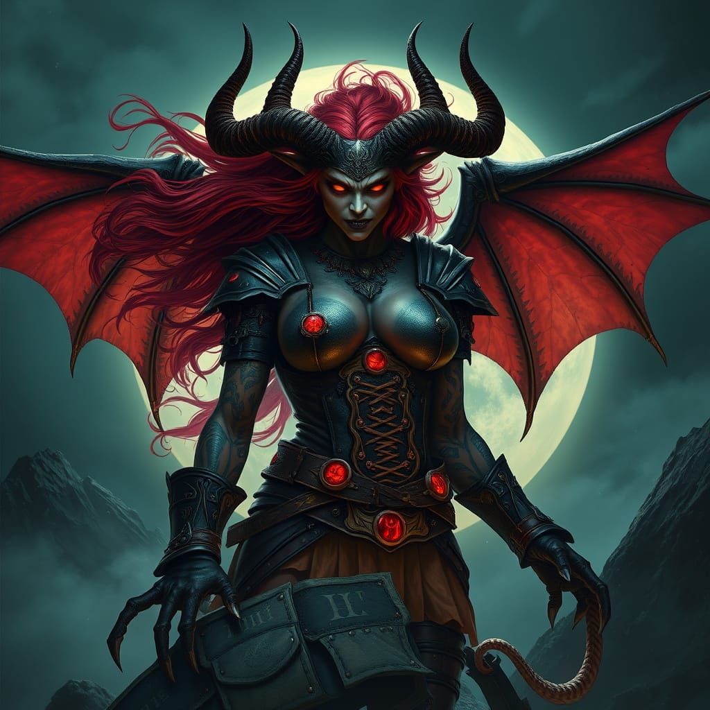 Fearsome Demon Queen with Dragon Wings and Runes