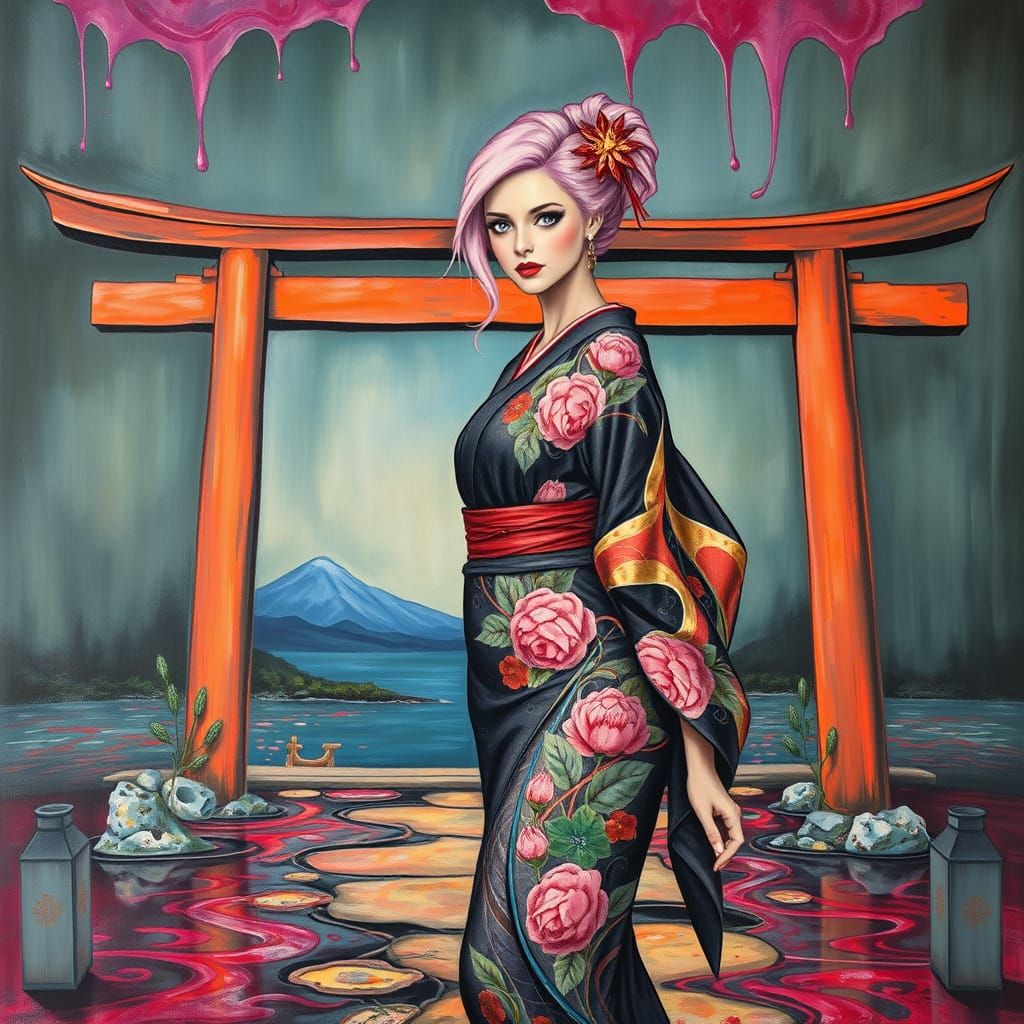 Pink Haired Woman Walks Through Torii in Surreal Art Style