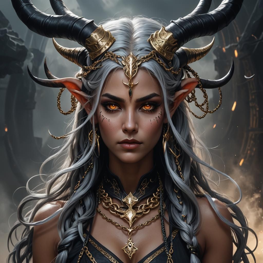 Intense Tiefling Portrait in Dark Fantasy Style