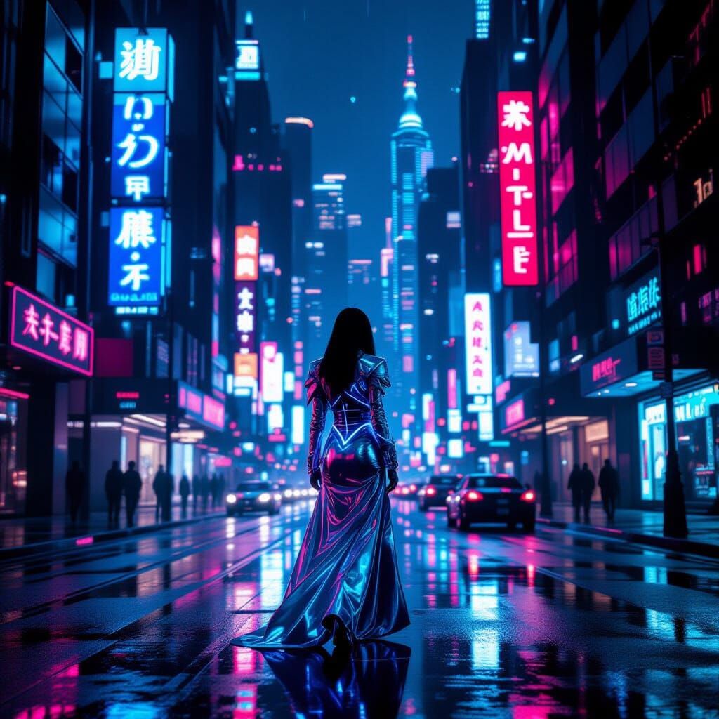 Cyberpunk Woman in Neon Cityscape