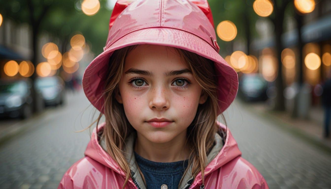 Photorealistic Dog in Crown with Girl in Raincoat