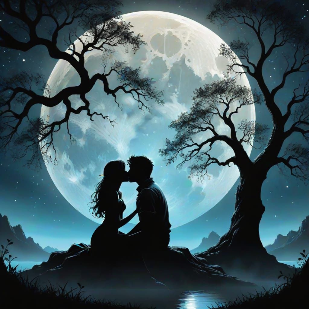Romantic Kissing Couple Under Moonlit Tree