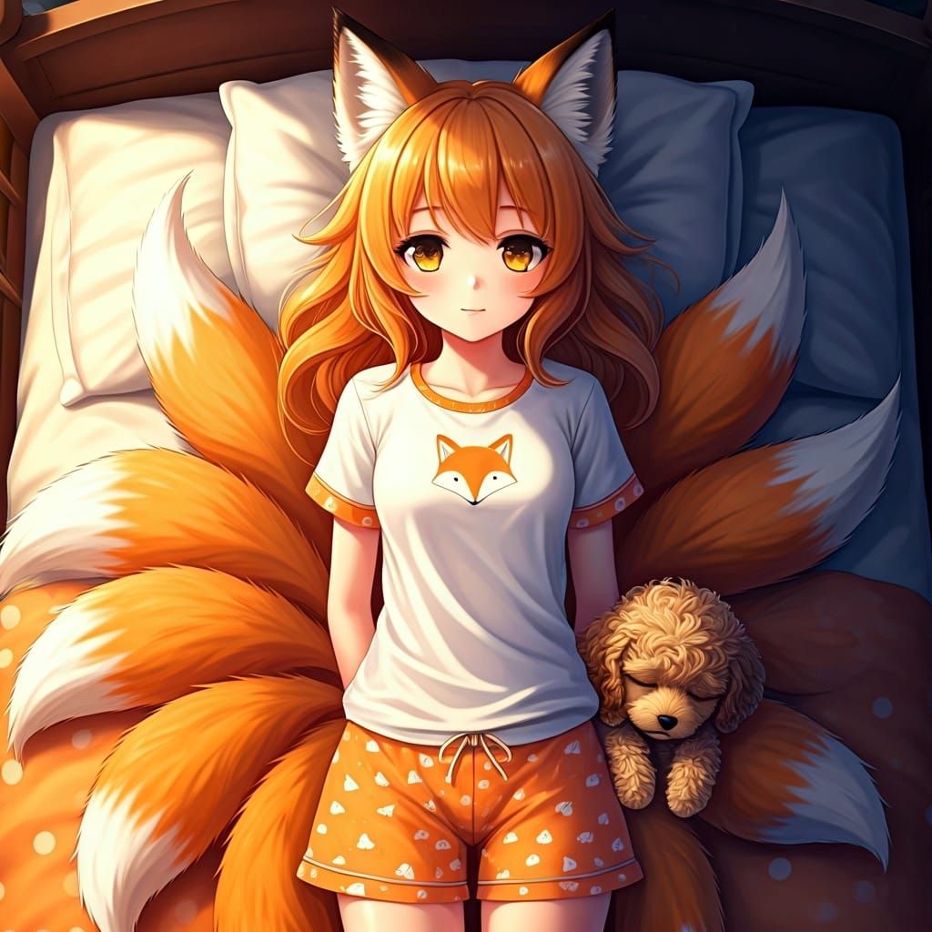 Anime Fox Girl and Puppy Sleeping Peacefully