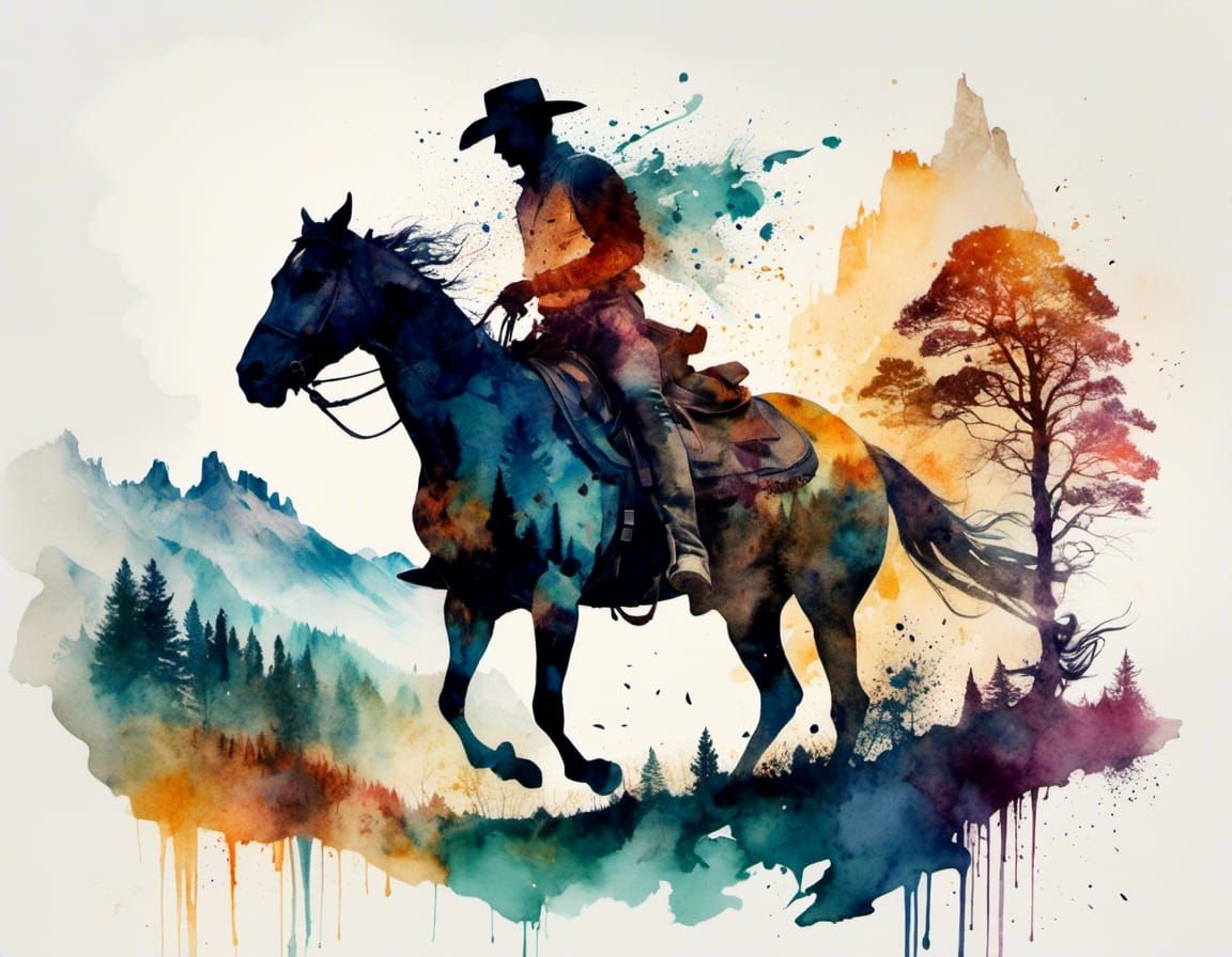 Cowboy Silhouette in Watercolor Mountain Landscape