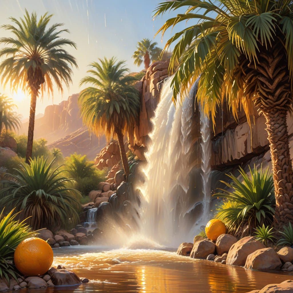Breathtaking Desert Waterfall Oasis in Golden Hour Light