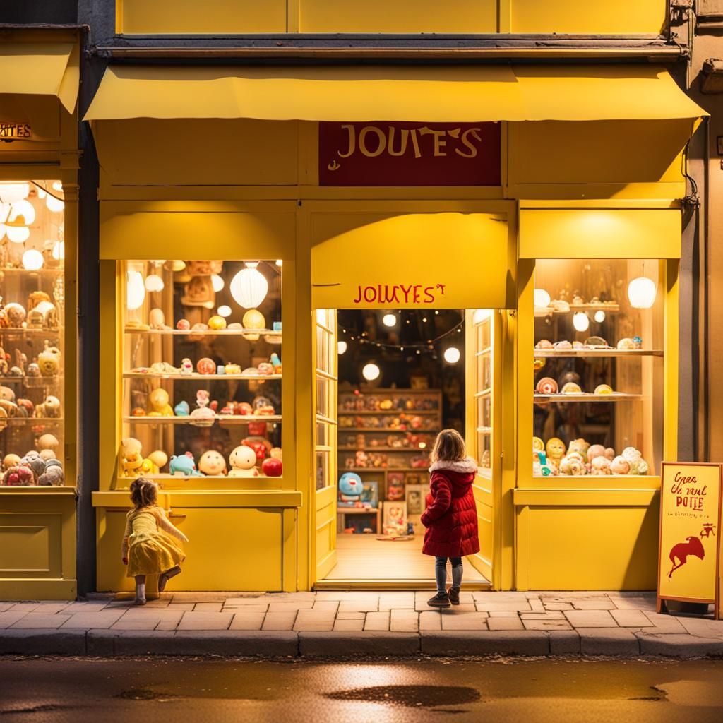 Girl Gazing at Toy Store Window at Night