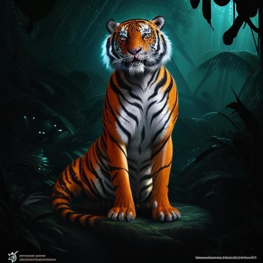 Bioluminescent Tiger in Magical Jungle, Detailed HDR