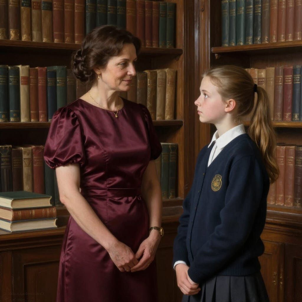 Elegant Teacher and Schoolgirl in Sunlit Library