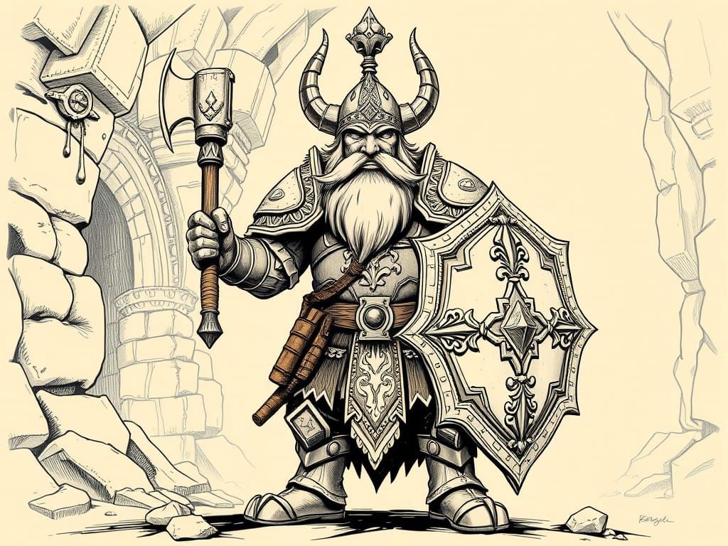 Sepia Ink Drawing of a Proud Dwarf Warrior