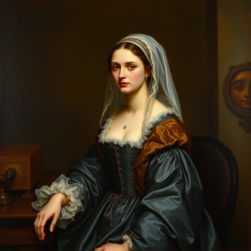 Lady in Baroque Attire, 17th Century Oil Painting