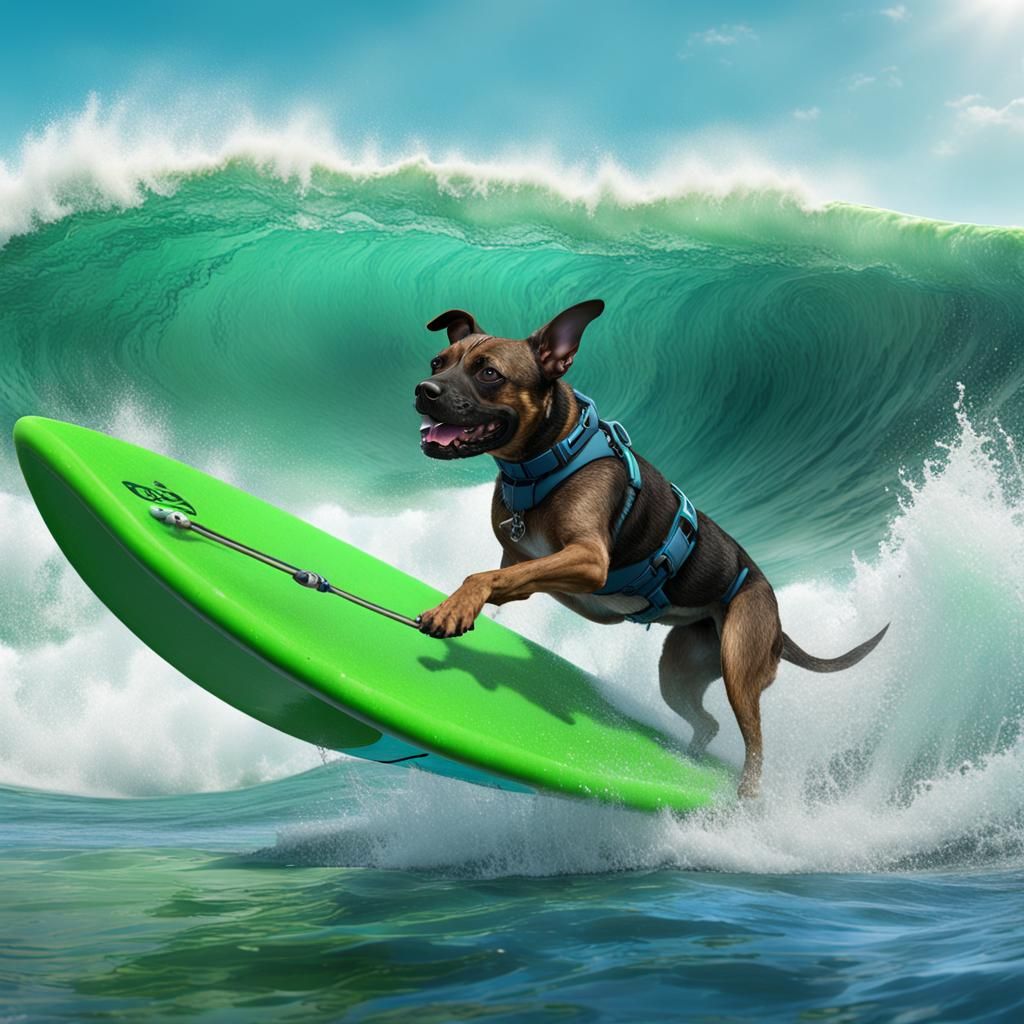 Brindle Dog Surfing a Wave in Southern California