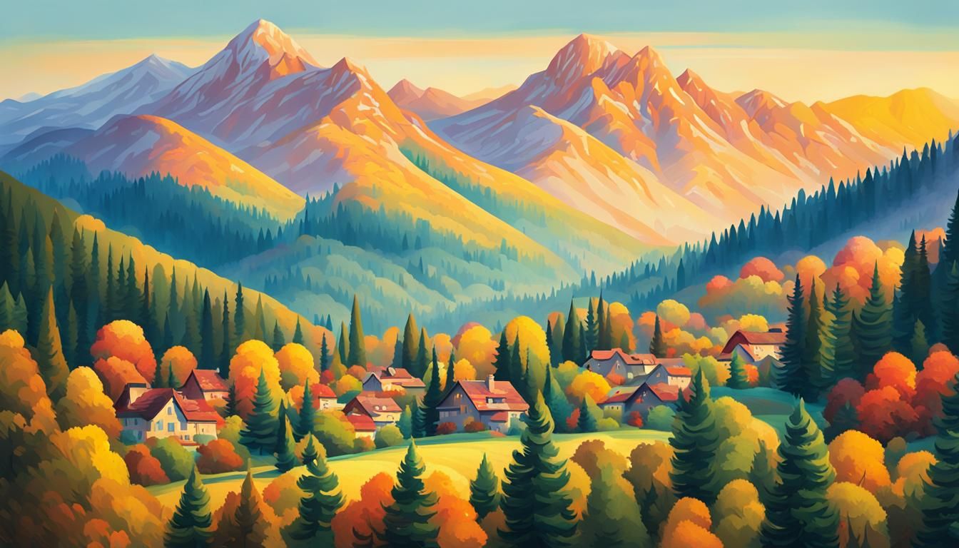 Colorful Autumn Mountain Landscape in Oil Painting Style