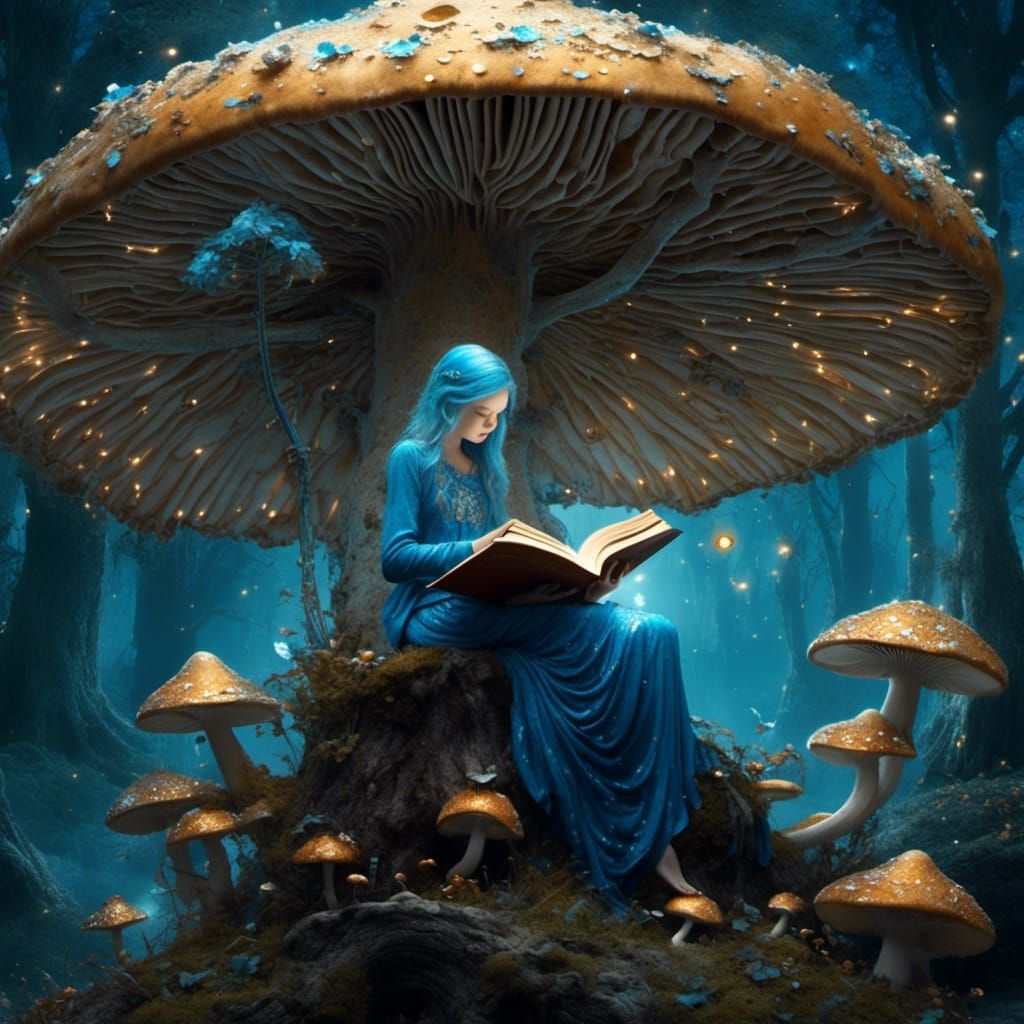 Fairy Reading Book on Mushroom in Silver Silhouette
