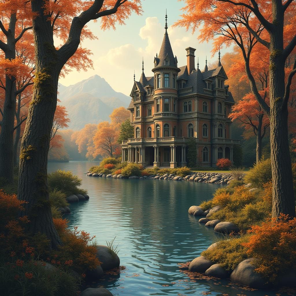 Victorian Estate in Forest with Ethereal Glow