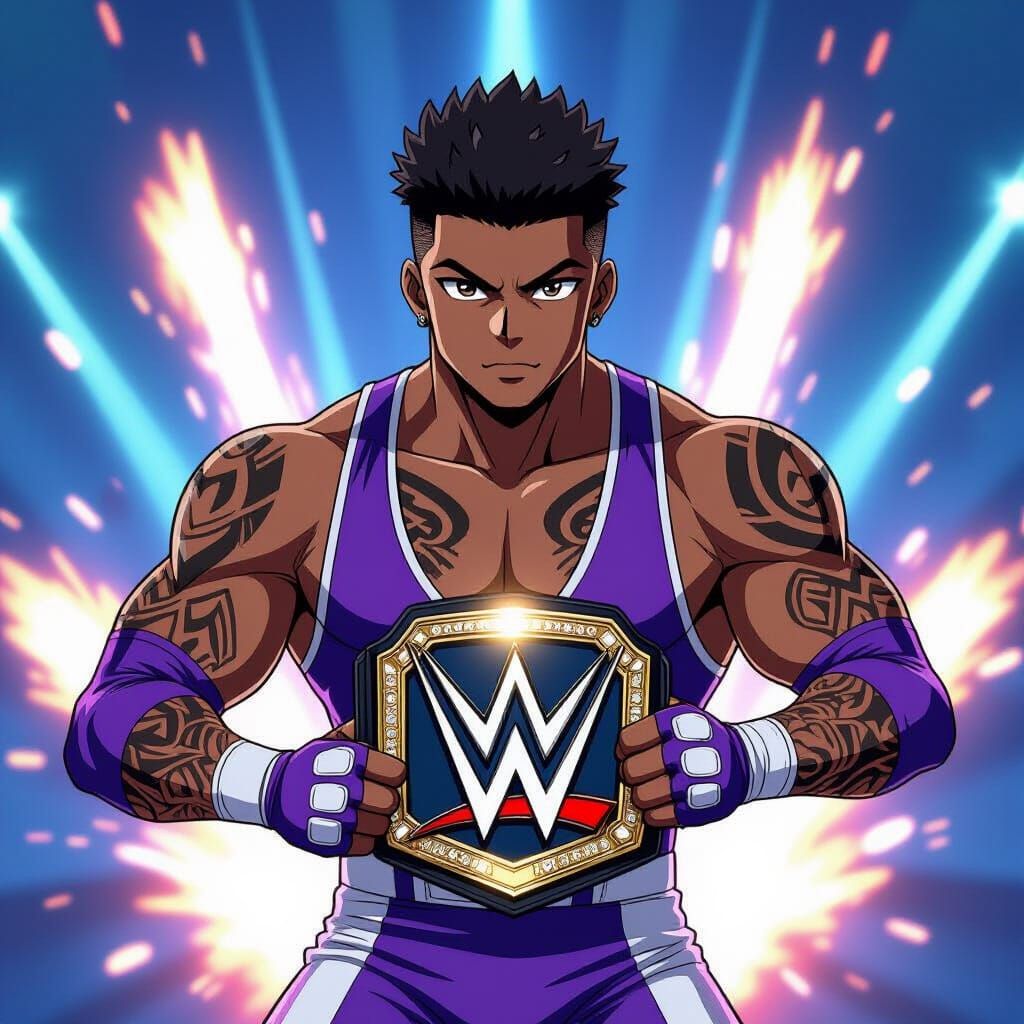 Anime Wrestler Holds Championship Belt with Pyro Background
