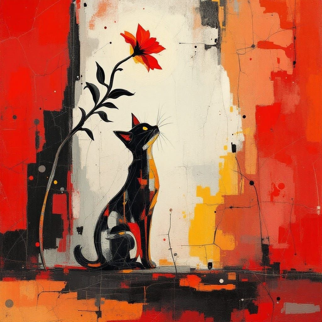 Ethereal Dance of Whimsy: Red Bloom and Feline Kinetics