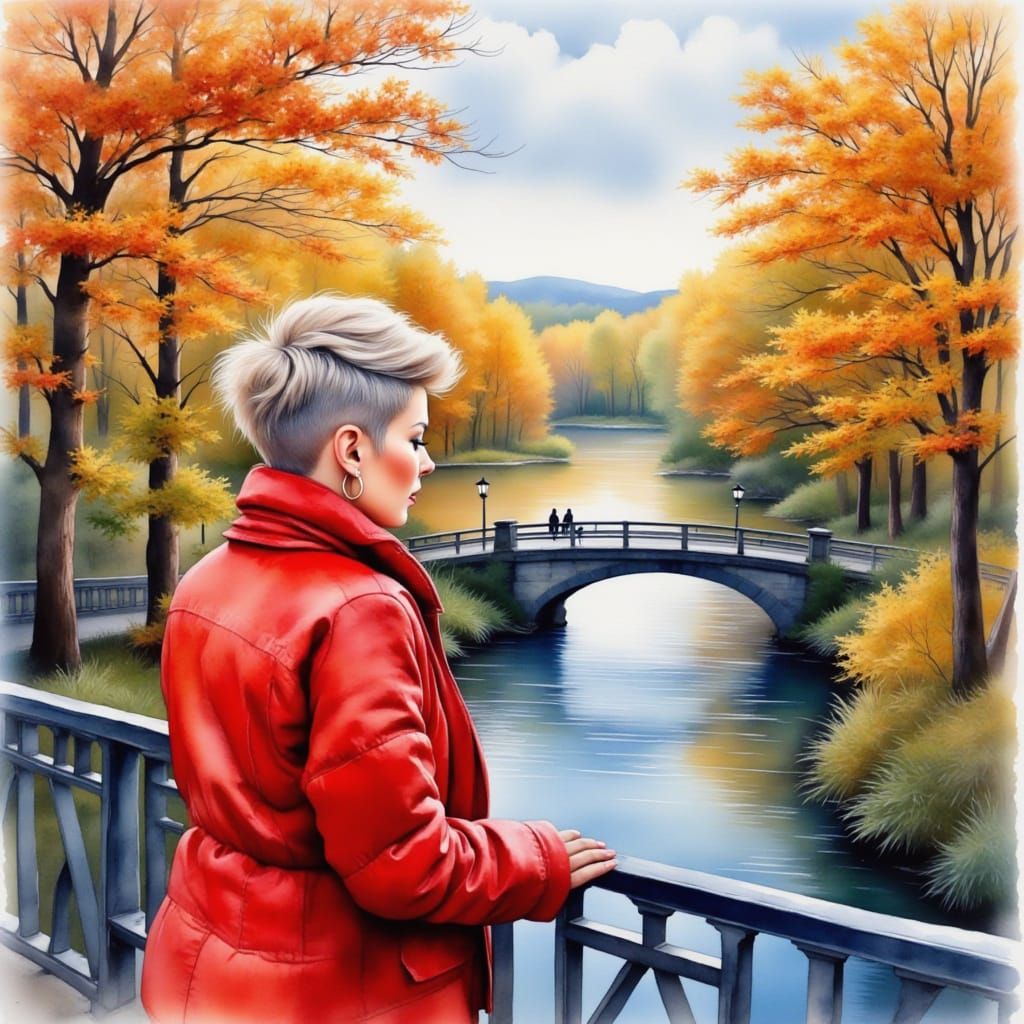 Woman with Mohawk Hairstyle Overlooking River