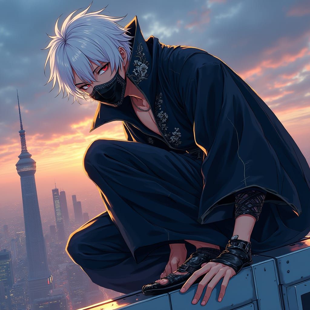 Cyberpunk Hero Crouches atop a City Building