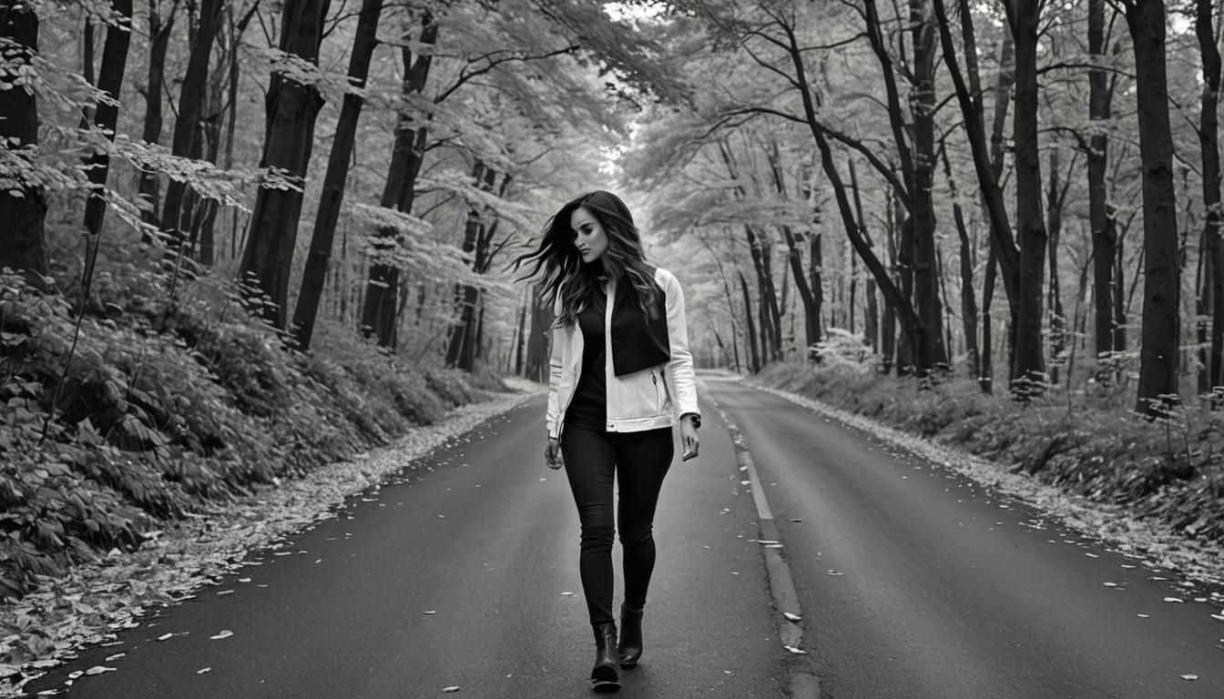 Woman in Black and White with Autumn Colors