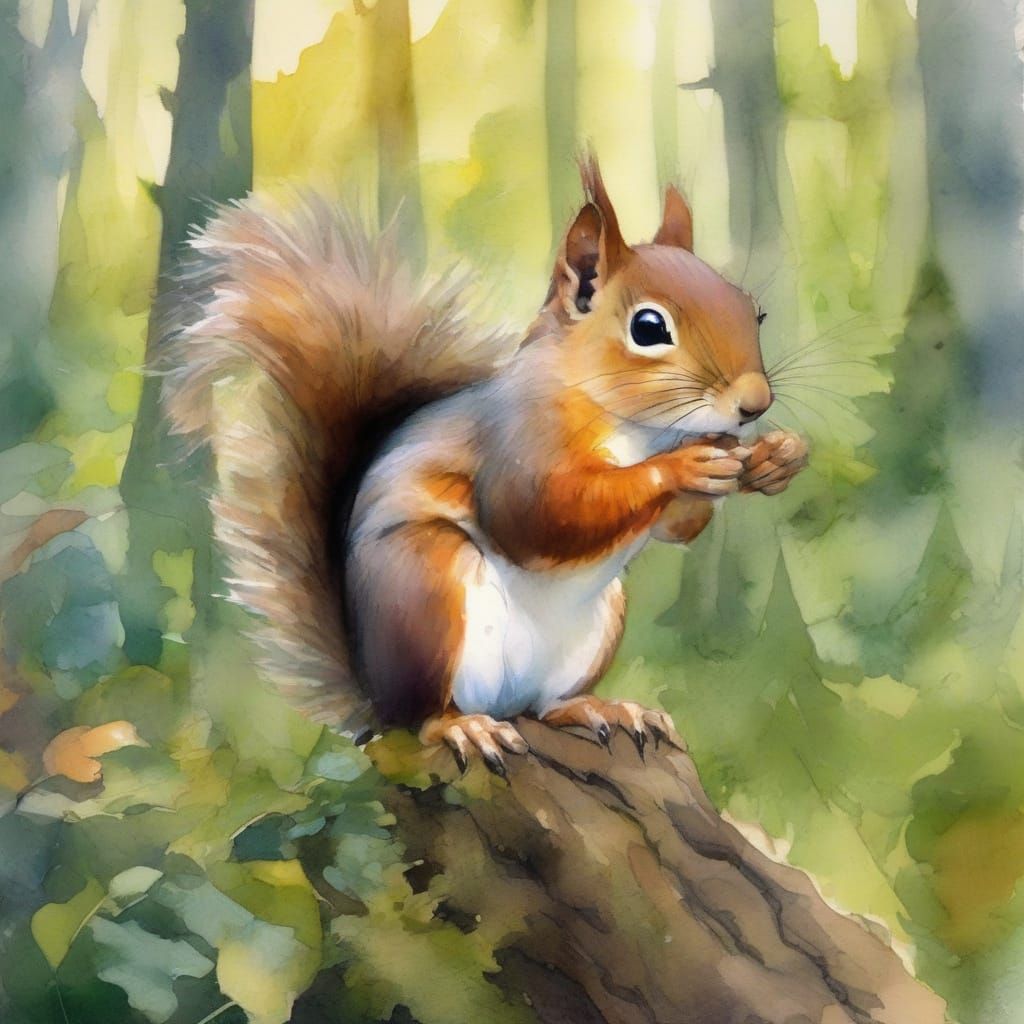 Enchanting Watercolor Squirrel in Lush Forest