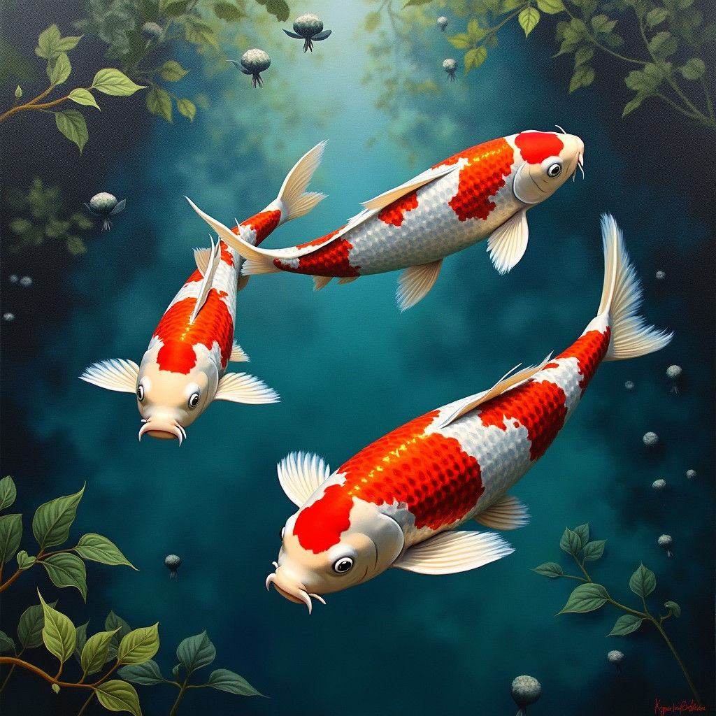 Red and White Koi in Japanese Pond