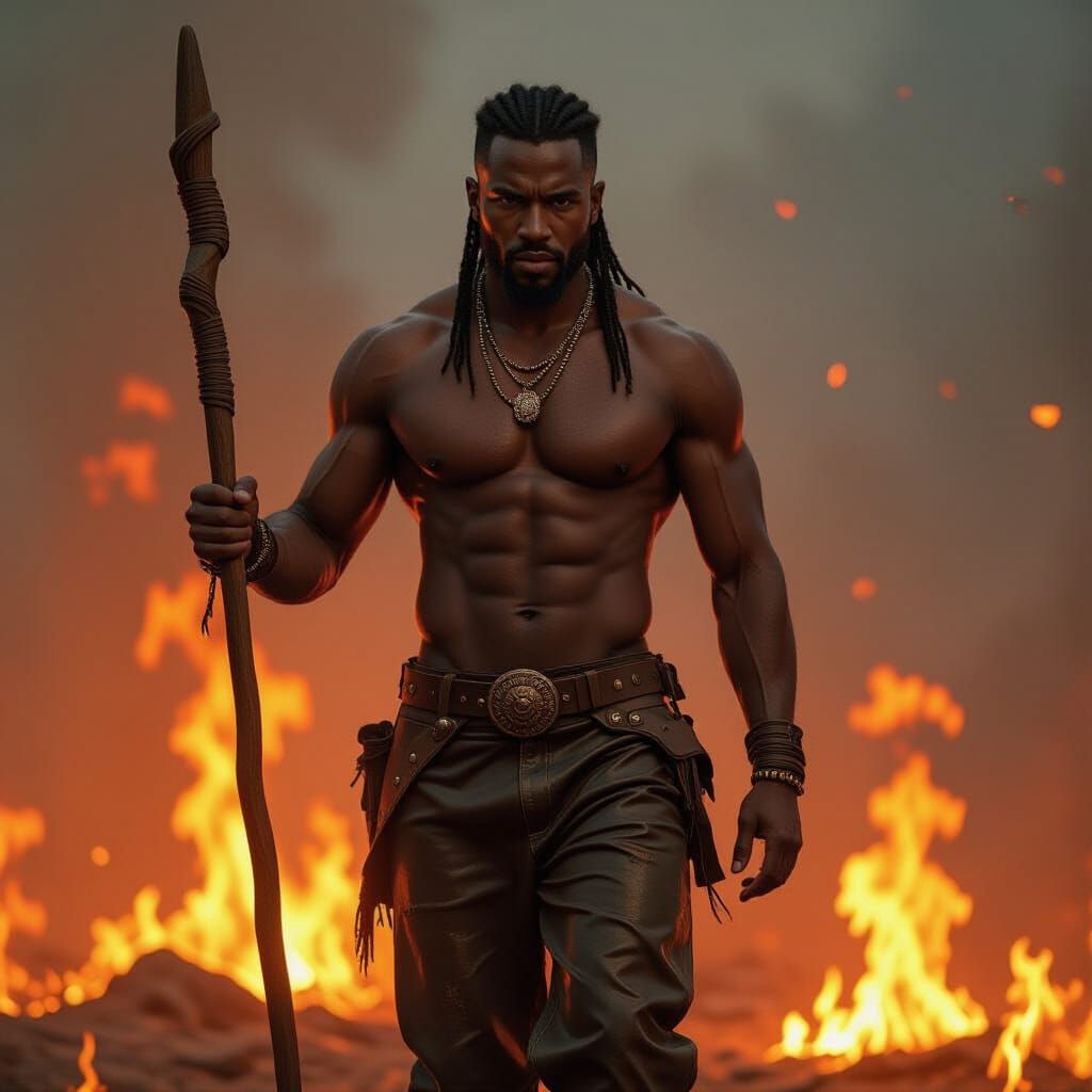 African Man Walking Through Fire in Hyperreal Style