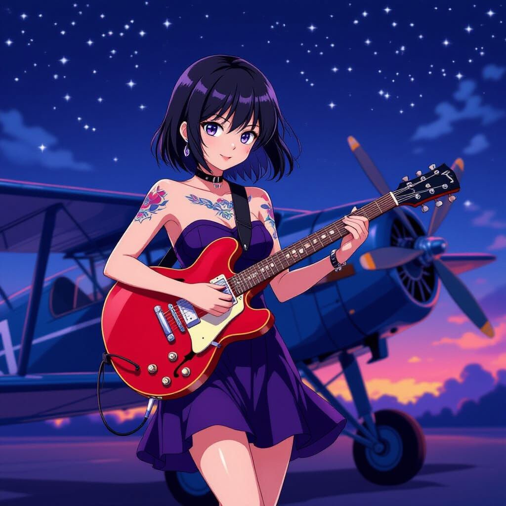 Anime Woman Plays Guitar on Plane Wing