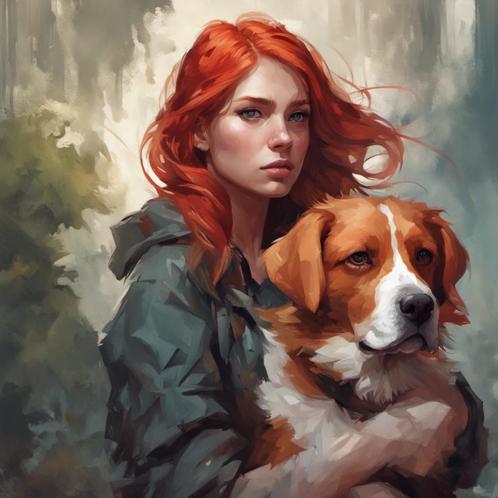 Red-Haired Girl with Dog: Hyperdetailed Portrait