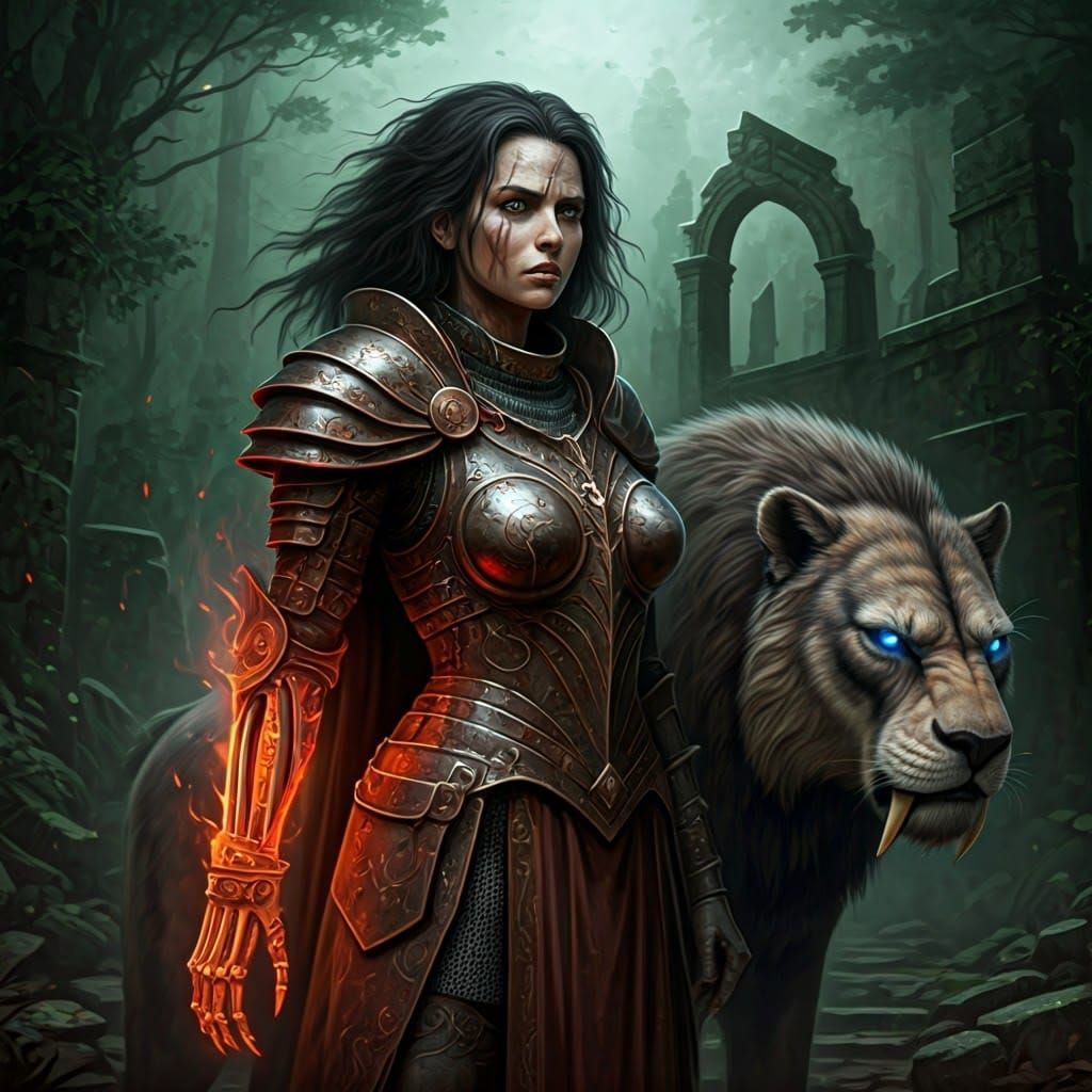 Magical Warrior and Saber-Tooth Companion in Fantasy Landsca...