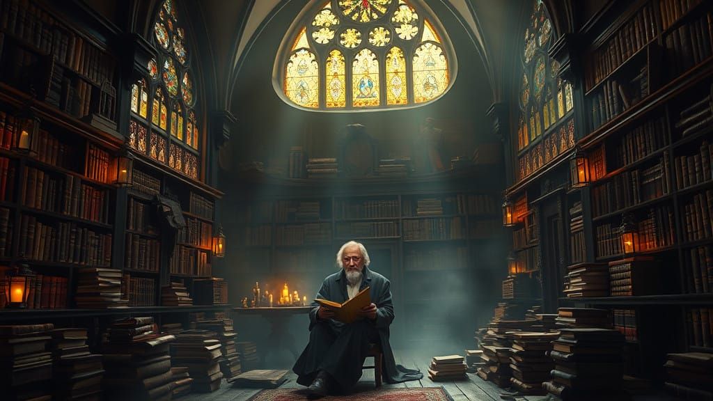 Scholar Lost in Ancient Texts, Mystical Chamber, Hyperdetail...