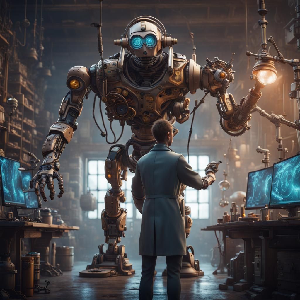 Robot Scientist Examines Tiny Human: Detailed Digital Art