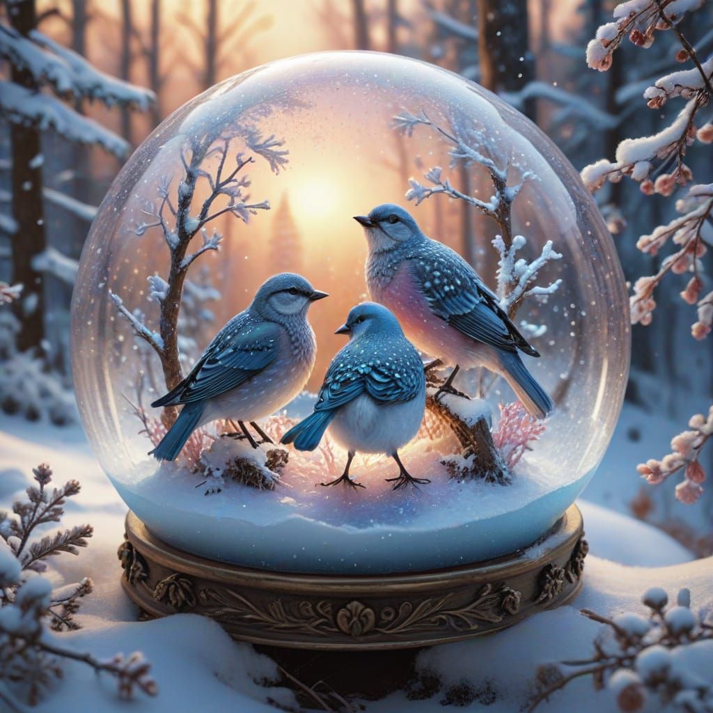 Vibrant Winter Wildlife Scene in Whimsical Illustration Styl...