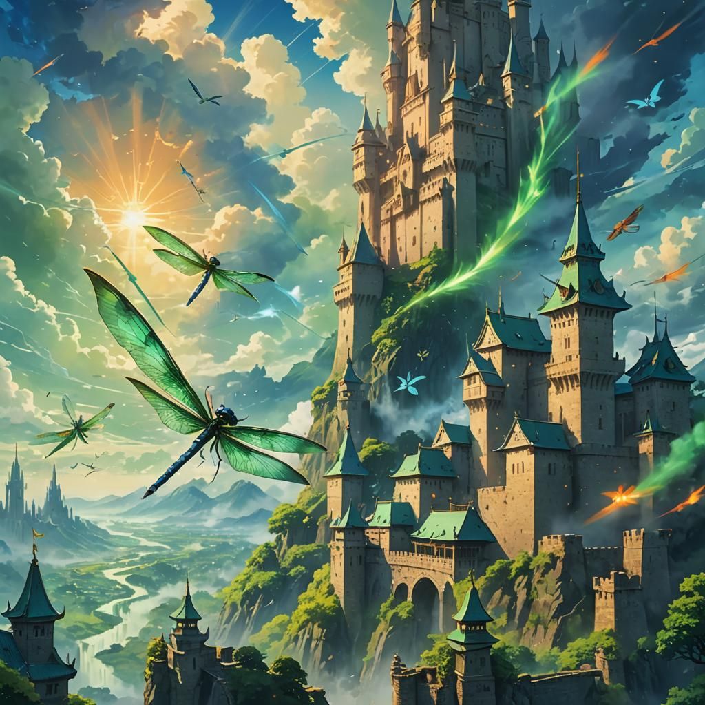 Blue and Green Dragon Flying Above Sky Castle