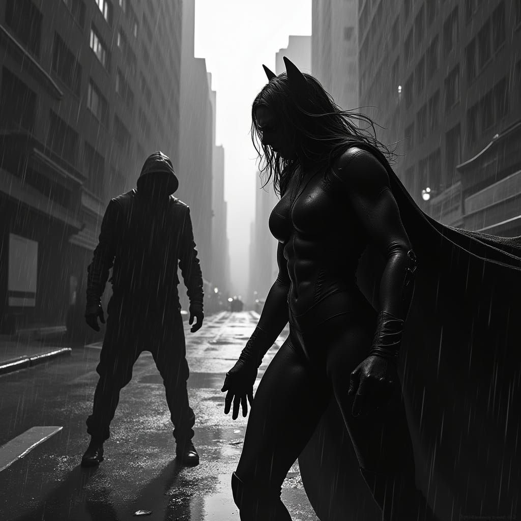 Superheroine in Noir City Confronts Shadowy Antagonist