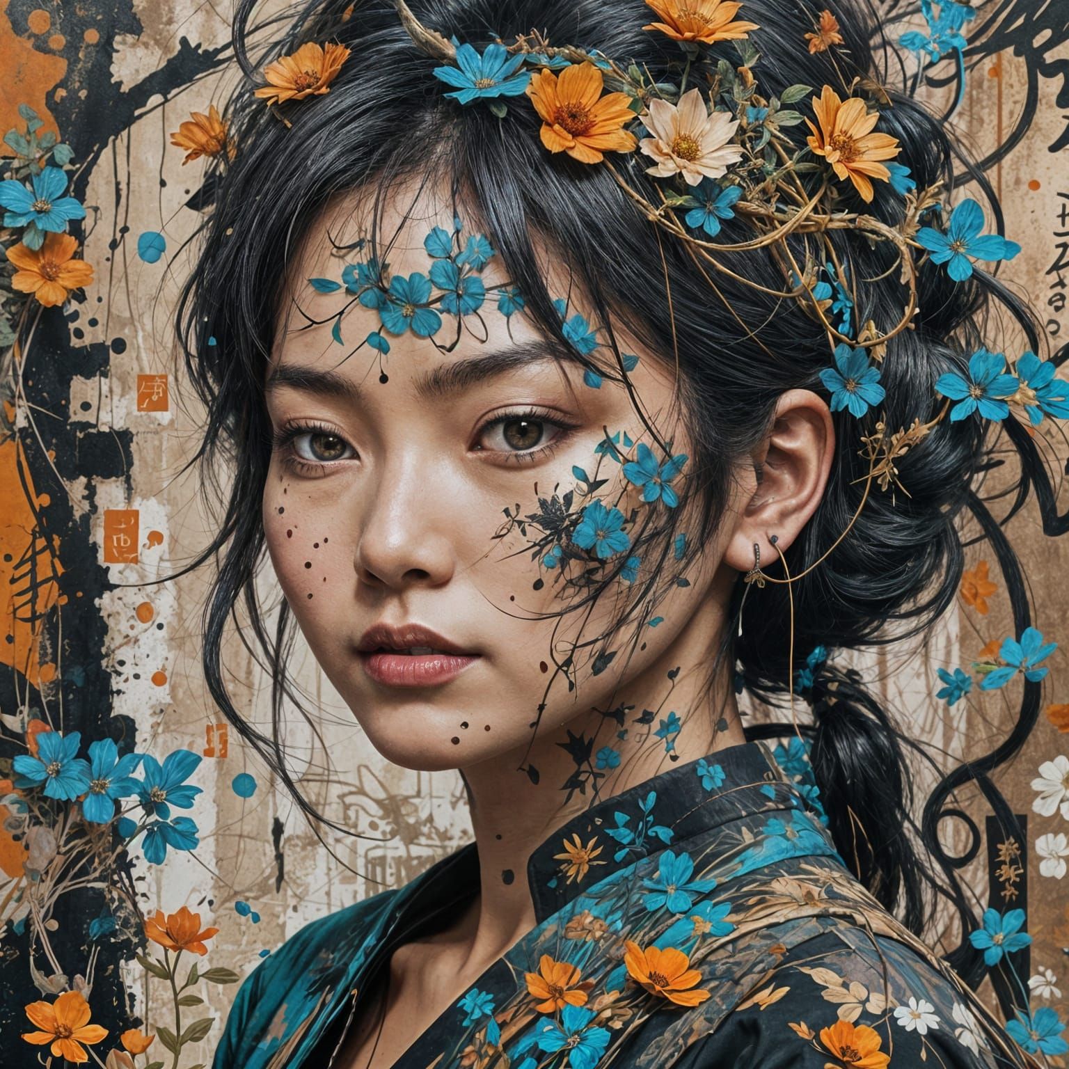 Flowerpunk Asian Woman: Surreal Urban Art
